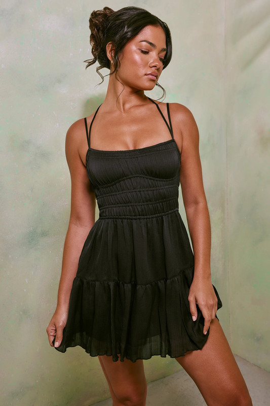 Shirred Bodice A-Line Mini Dress in Black - UK Size:12